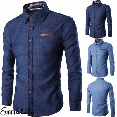 Men's Fashion Denim Dress Shirt Solid Color Long Sleeve Slim Fit Button Down Casual Top Male Luxury Formal Shirts - Arts Fire RVA Store